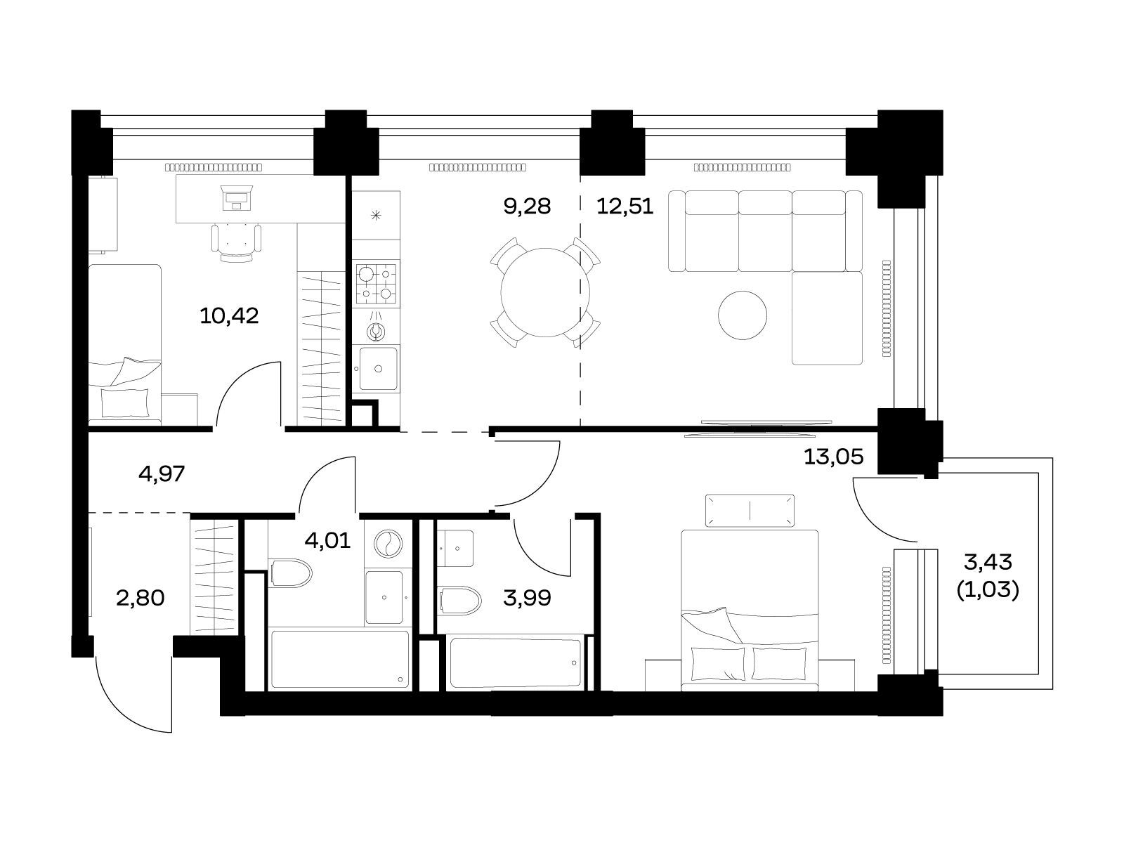 Планировка: 2-комн. квартира 62.06 м² в новостройке Нова