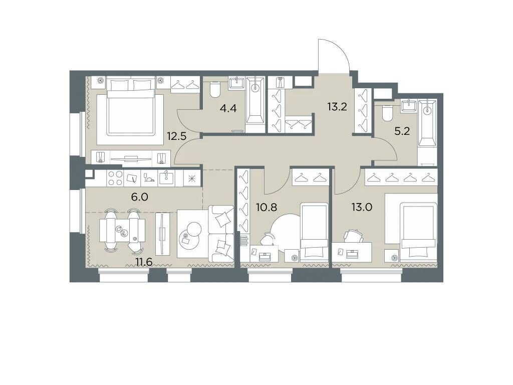 Планировка: 4-комн. квартира 76.70 м² в новостройке Станиславский