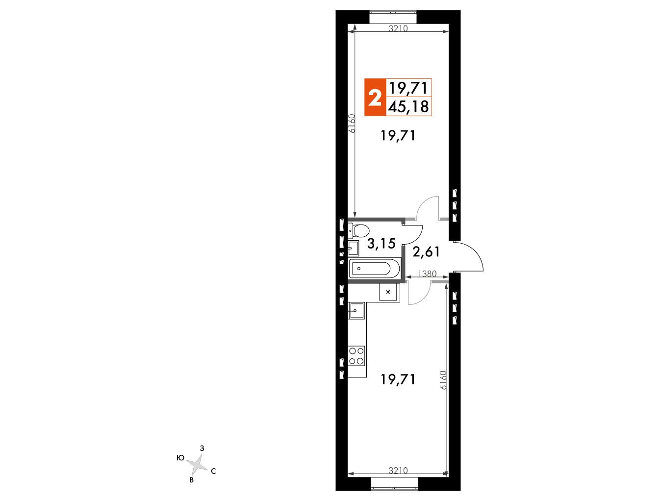 Планировка: 1-комн. квартира 45.40 м² в новостройке Парк Апрель
