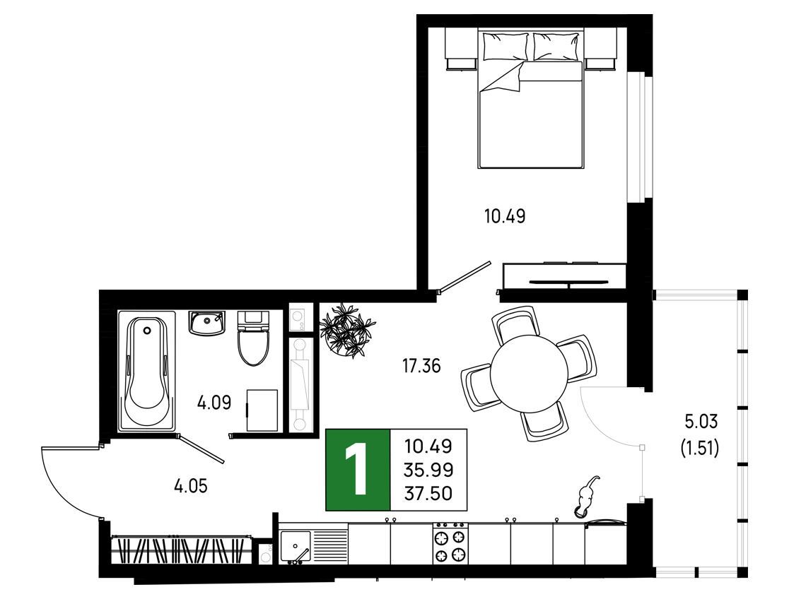 Планировка: 1-комн. квартира 37.50 м² в новостройке ЖК Имена