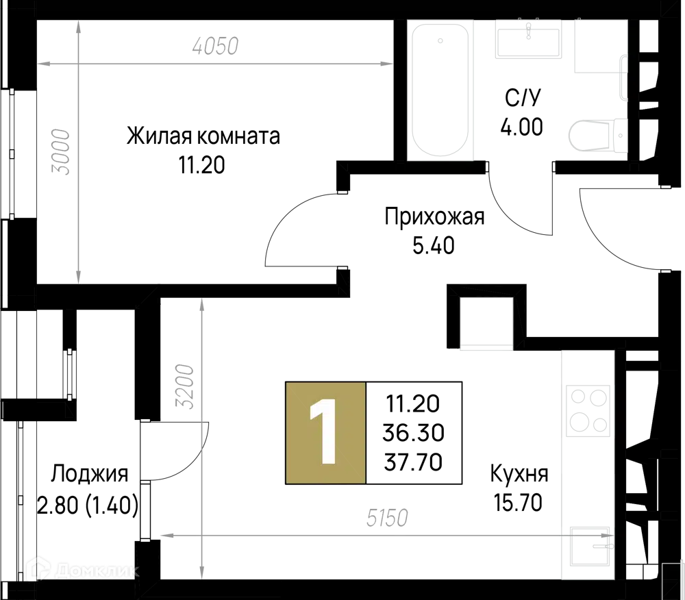 Планировка: 1-комн. квартира 37.70 м² в новостройке На Высоком берегу