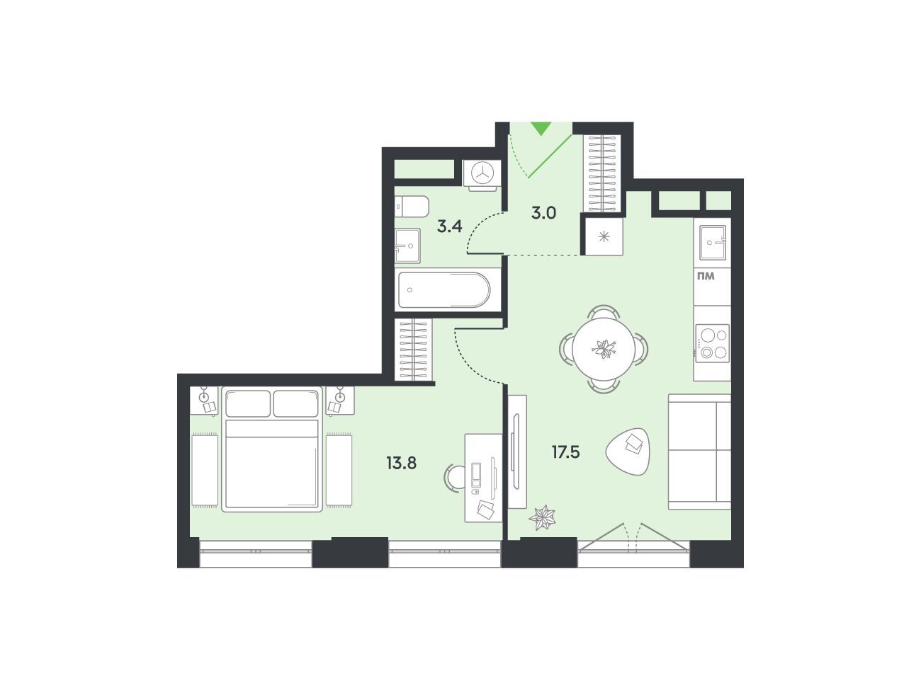 Планировка: 1-комн. квартира 37.00 м² в новостройке Баланс