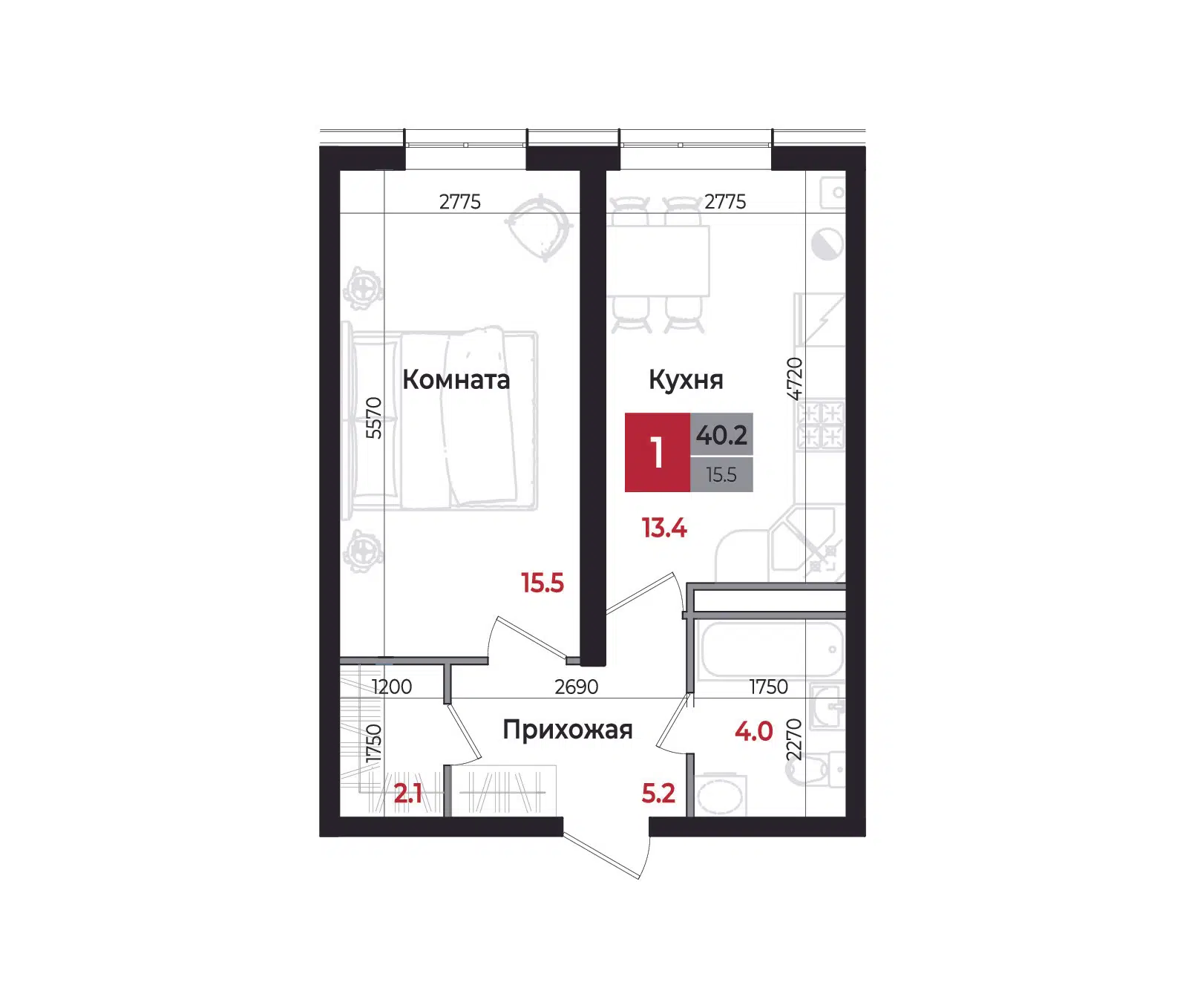 Планировка: 1-комн. квартира 40.20 м² в новостройке Новый дом