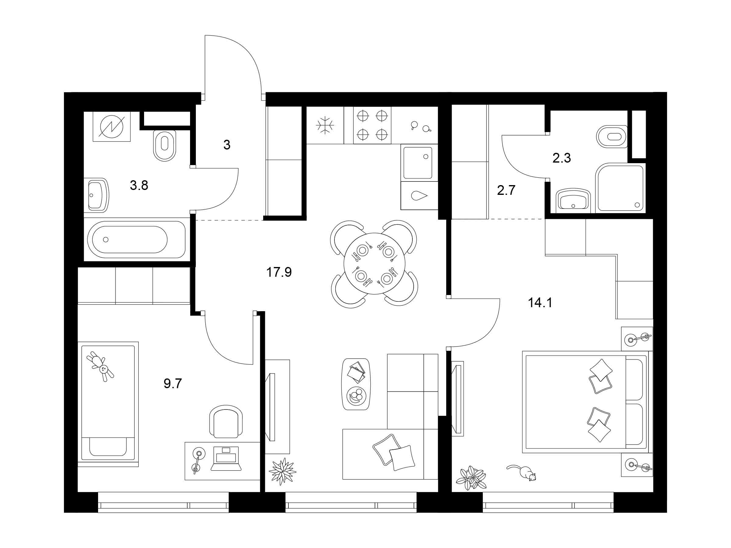 Планировка: 2-комн. квартира 53.50 м² в новостройке Бунинская набережная