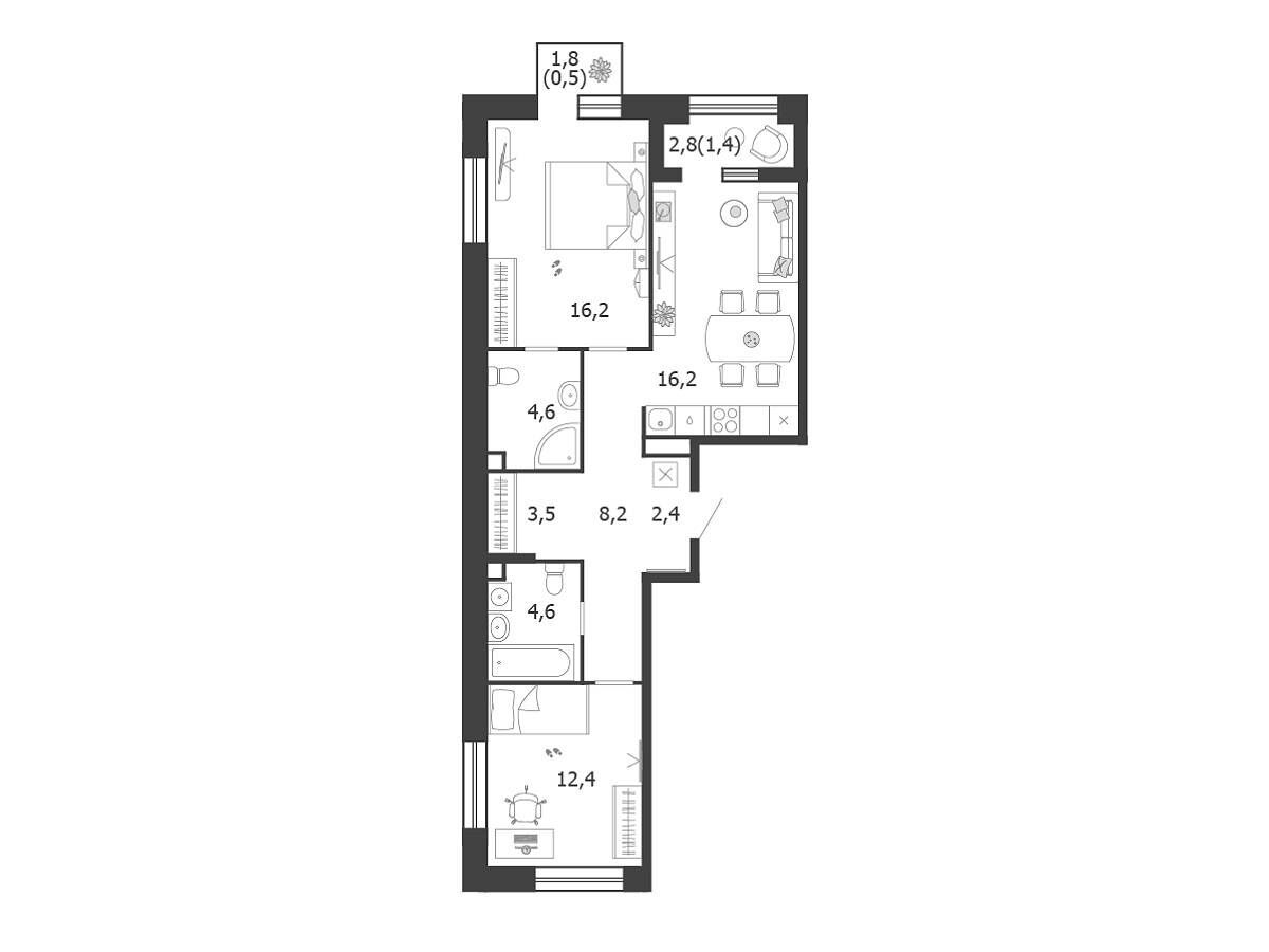 Планировка: 2-комн. квартира 70.00 м² в новостройке Шагал