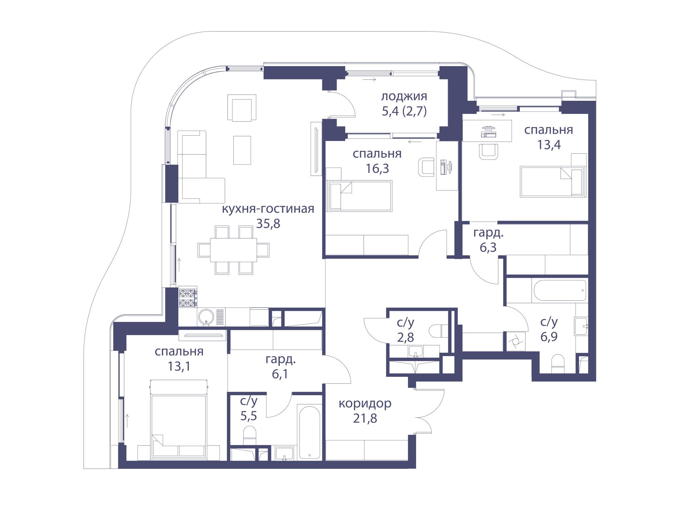 Планировка: 3-комн. квартира 130.70 м² в новостройке Река