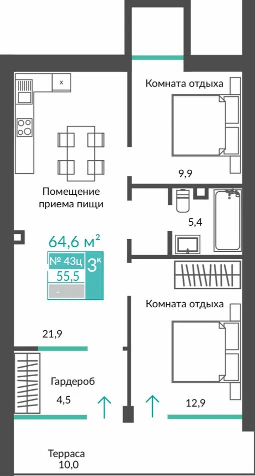 Планировка: 1-комн. квартира 64.60 м² в новостройке Апарт комплекс Удачное