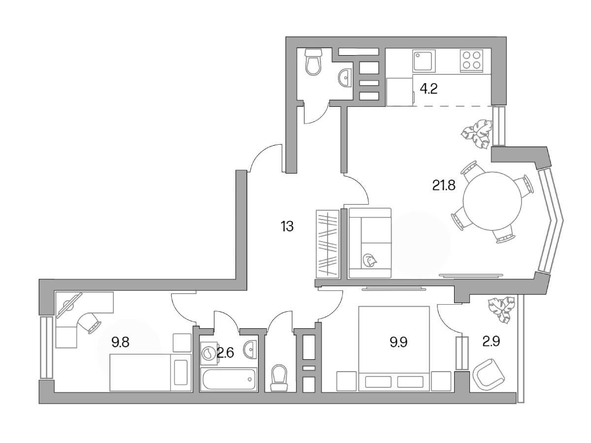 Планировка: 3-комн. квартира 67.70 м² в новостройке Высокие Жаворонки