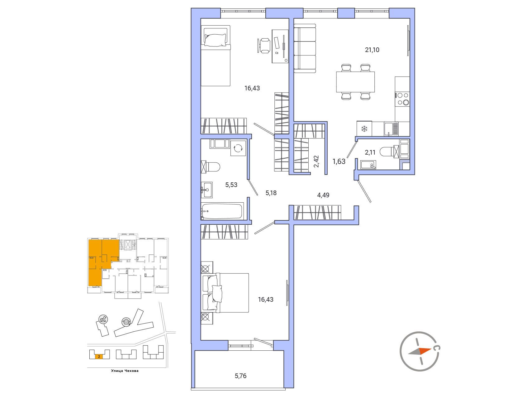 Планировка: 2-комн. квартира 78.70 м² в новостройке АйКью Гатчина
