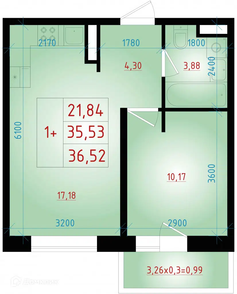 Планировка: 1-комн. квартира 36.52 м² в новостройке Мега2