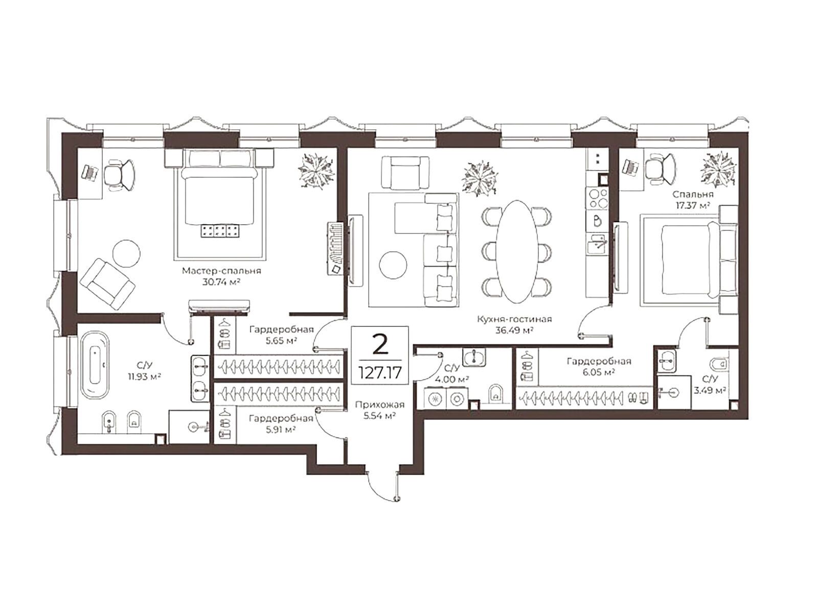 Планировка: 2-комн. квартира 127.11 м² в новостройке Клубный дом Воронцовъ