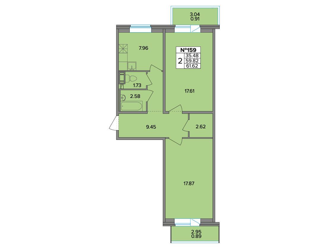 Планировка: 2-комн. квартира 63.80 м² в новостройке Смарт