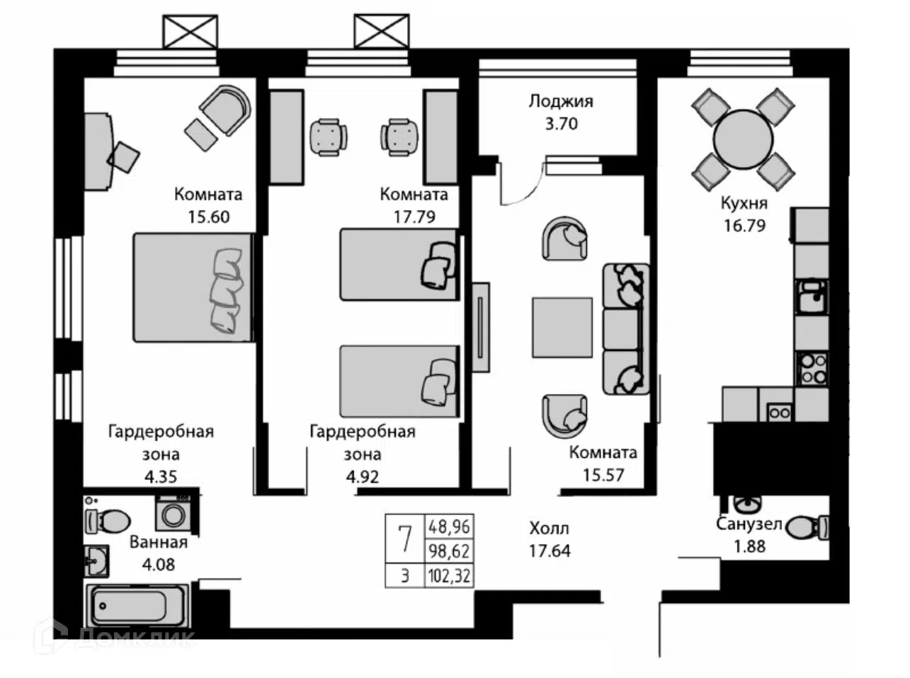 Планировка: 3-комн. квартира 102.32 м² в новостройке Ривьера