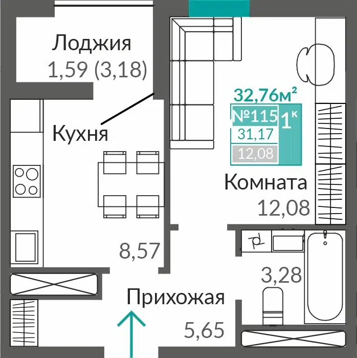 Планировка: 1-комн. квартира 31.17 м² в новостройке Абрикос