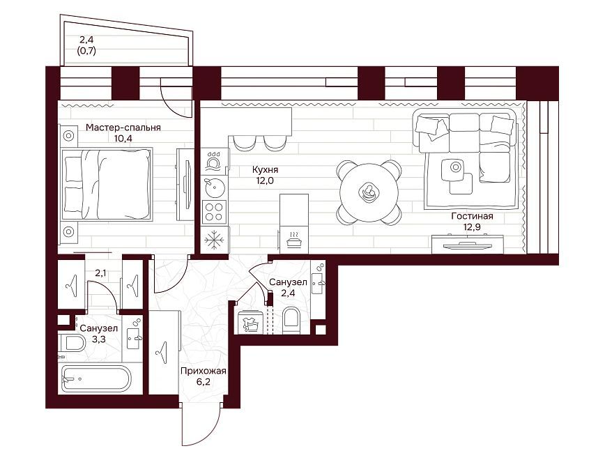 Планировка: 1-комн. квартира 53.00 м² в новостройке Дом 7 Даниловский