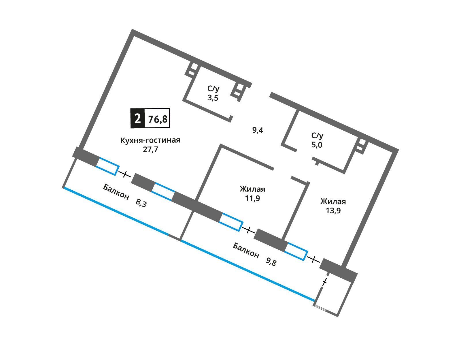Планировка: 2-комн. квартира 71.60 м² в новостройке Отрада на реке