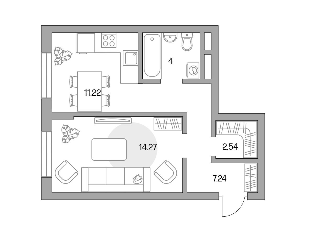 Планировка: 1-комн. квартира 39.27 м² в новостройке Живописный
