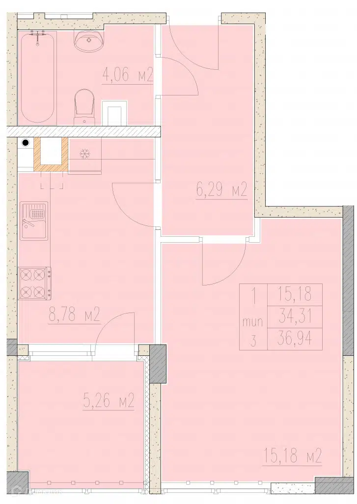 Планировка: 1-комн. квартира 36.94 м² в новостройке Агой-парк