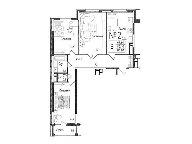 Планировка: 3-комн. квартира 89.00 м² в новостройке Школьный