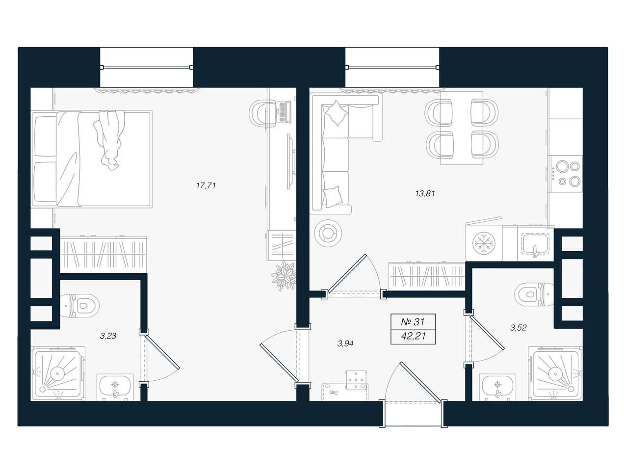 Планировка: 2-комн. квартира 42.21 м² в новостройке Феникс Рощино