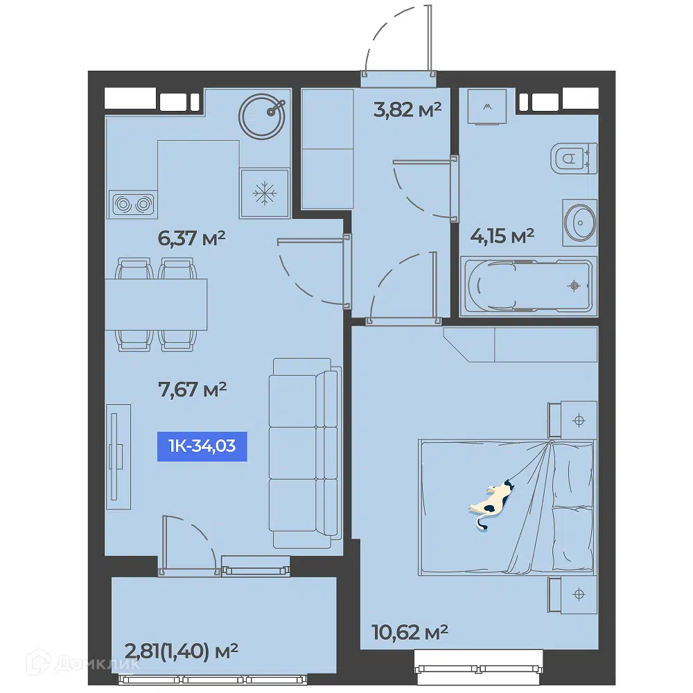 Планировка: 1-комн. квартира 34.03 м² в новостройке Соловей