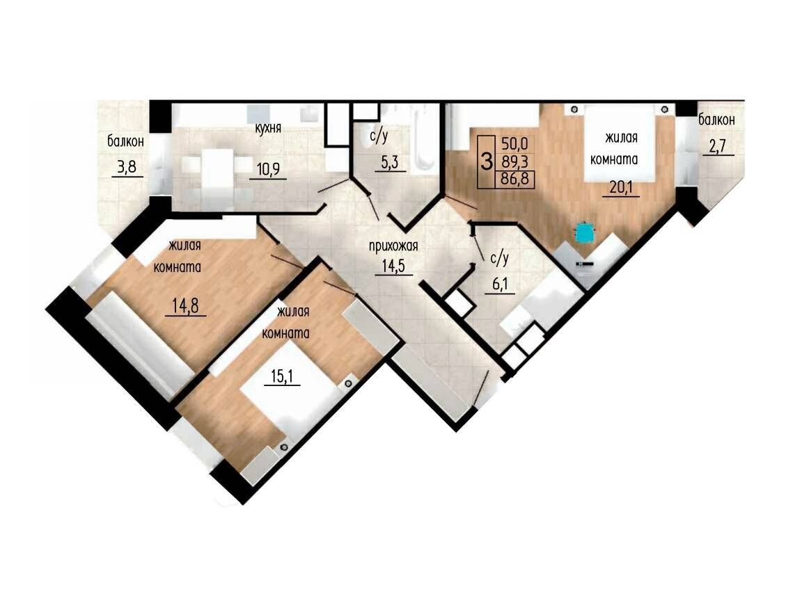 Планировка: 3-комн. квартира 89.30 м² в новостройке ЖК Литейный