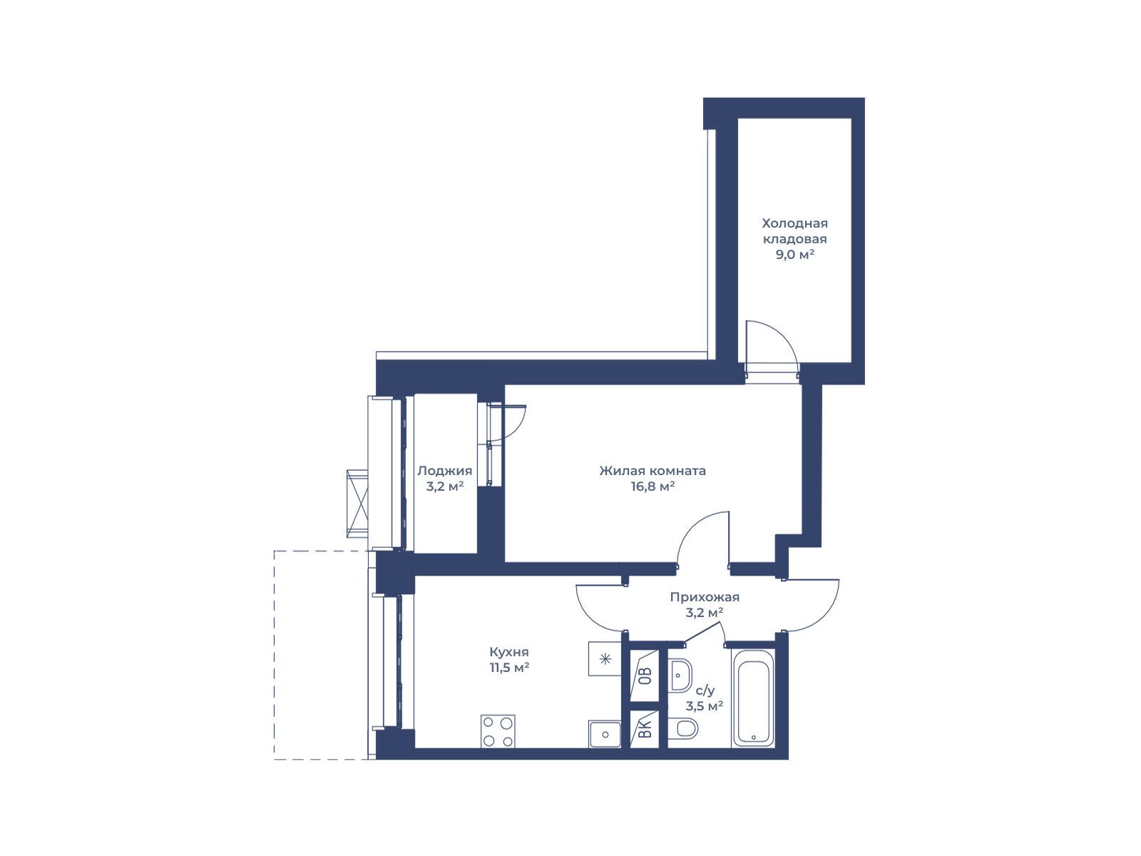 Планировка: 1-комн. квартира 45.60 м² в новостройке Цветочный Город