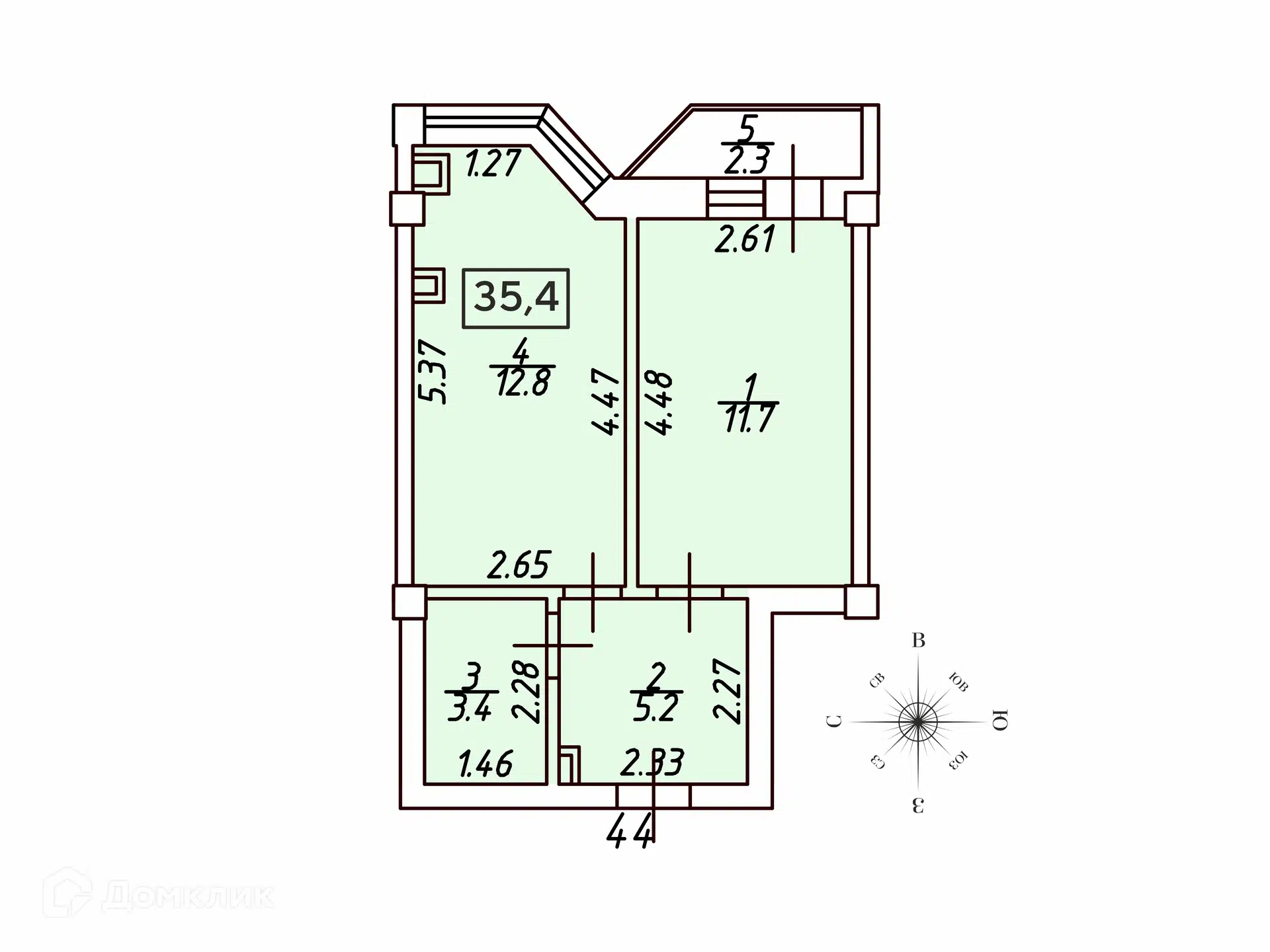 Планировка: 1-комн. квартира 35.40 м² в новостройке Кленовая роща