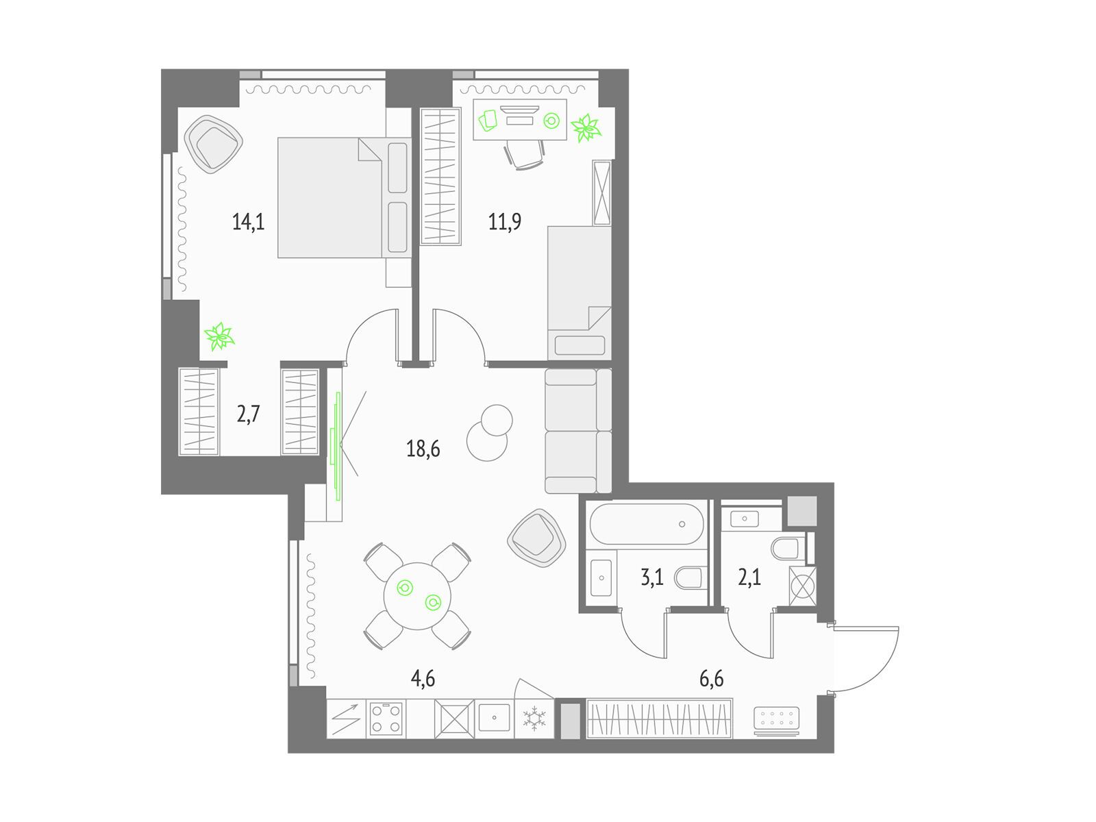 Планировка: 2-комн. квартира 64.70 м² в новостройке Апсайд Тауерс