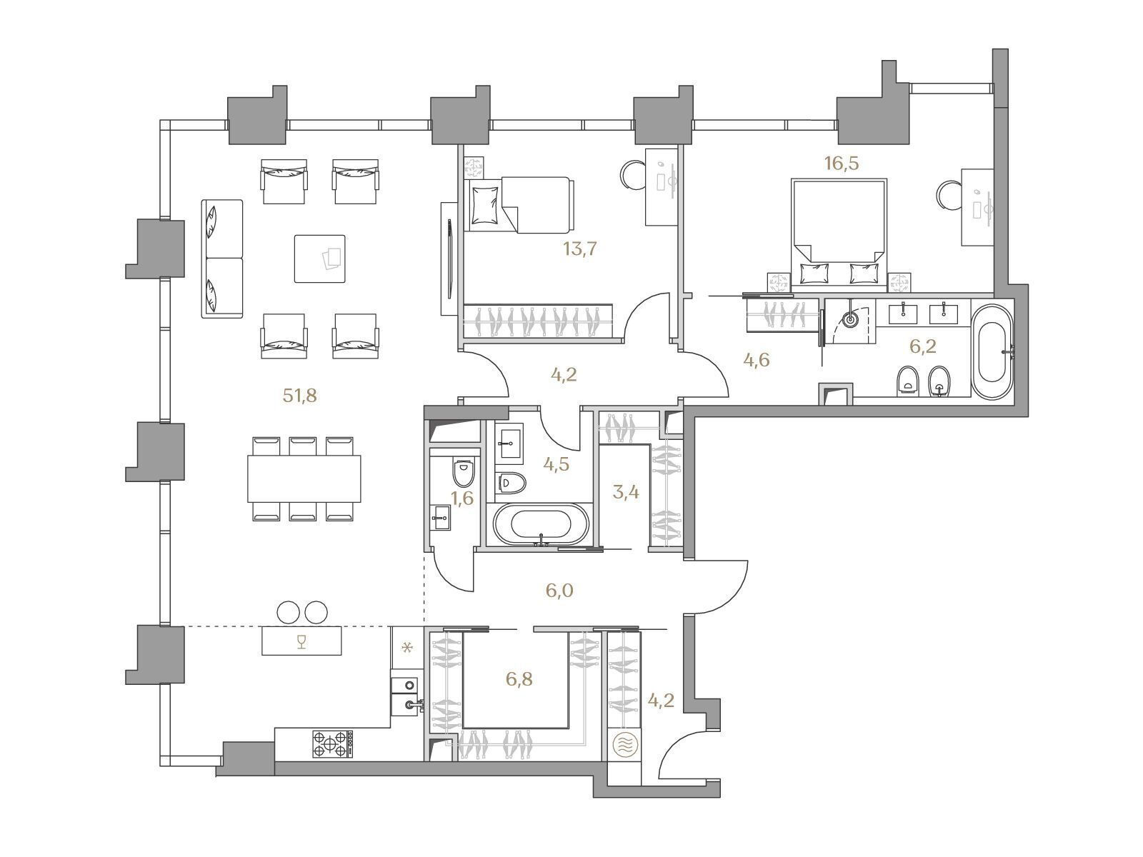 Планировка: 2-комн. квартира 123.50 м² в новостройке Коллекция Лужники