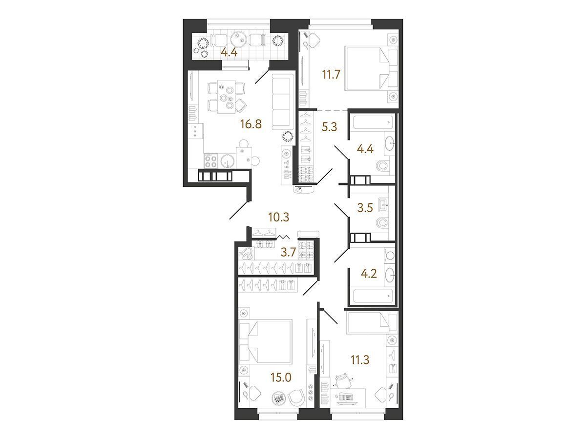 Планировка: 3-комн. квартира 86.50 м² в новостройке Куинджи
