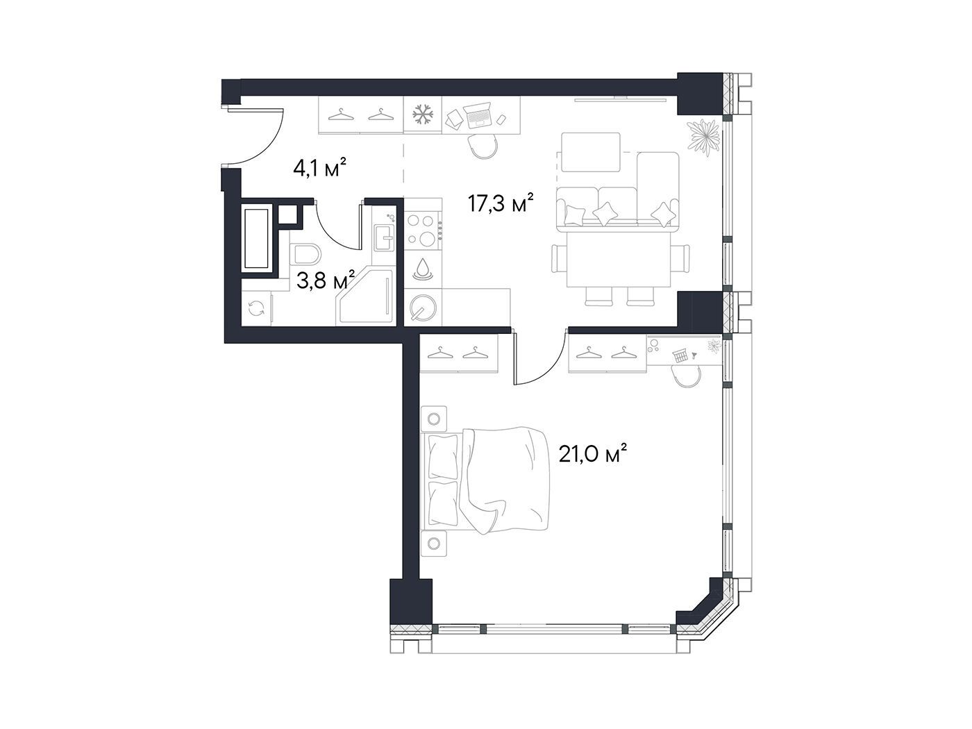Планировка: 1-комн. квартира 46.20 м² в новостройке Первый Нагатинский