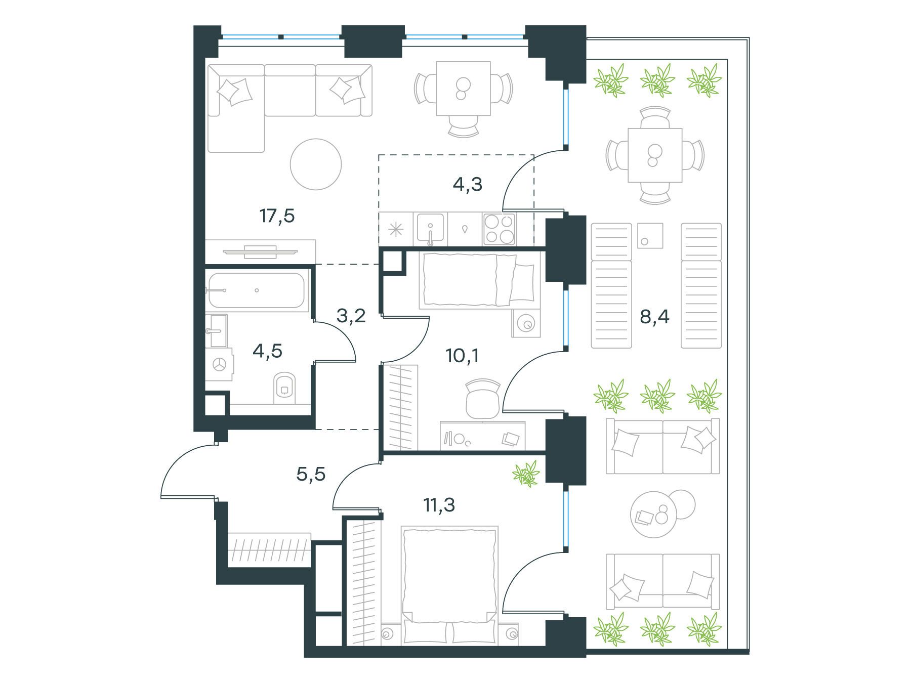 Планировка: 3-комн. квартира 64.80 м² в новостройке Левел Звенигородская