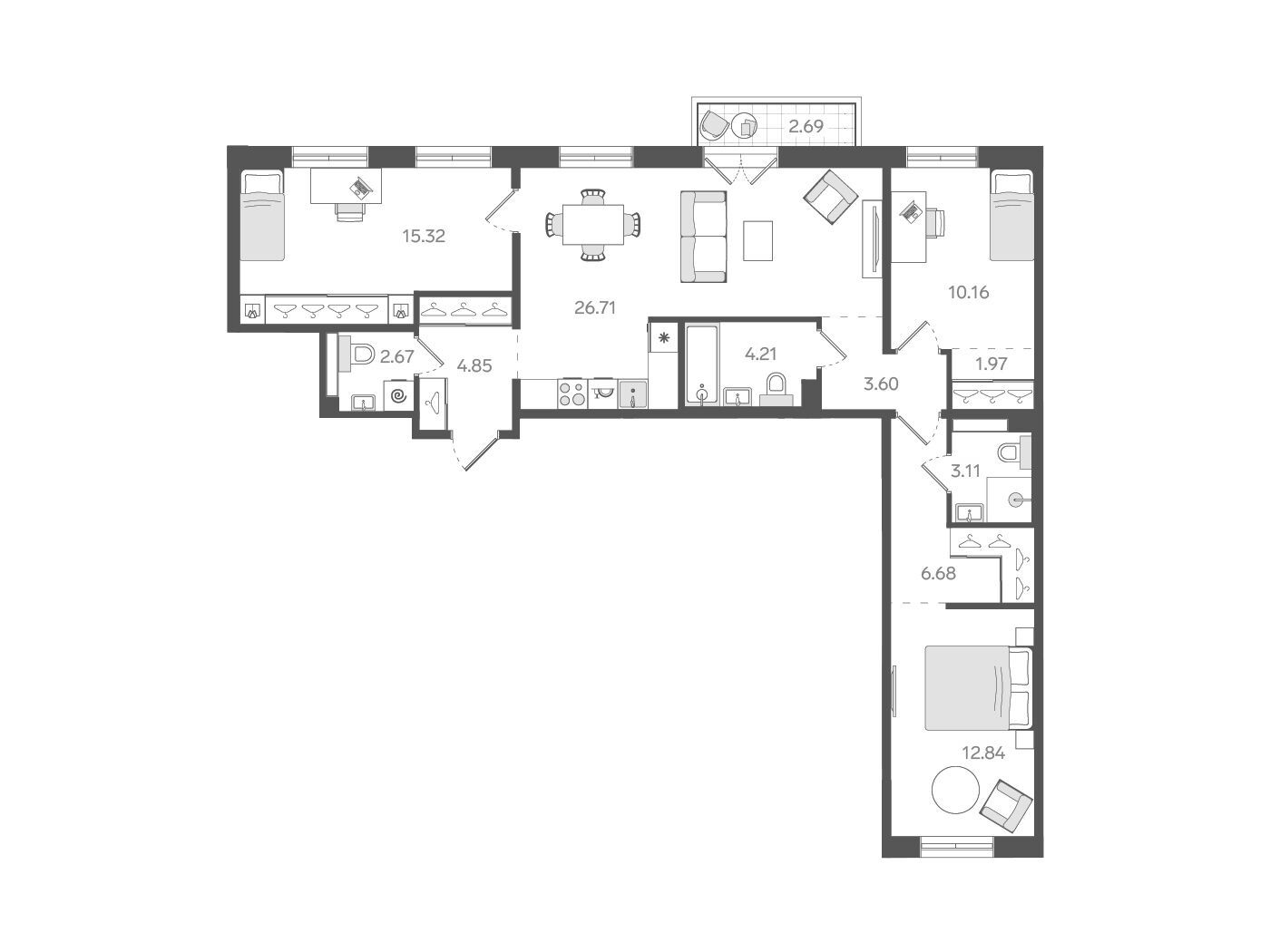 Планировка: 3-комн. квартира 92.90 м² в новостройке Ставни Обводный
