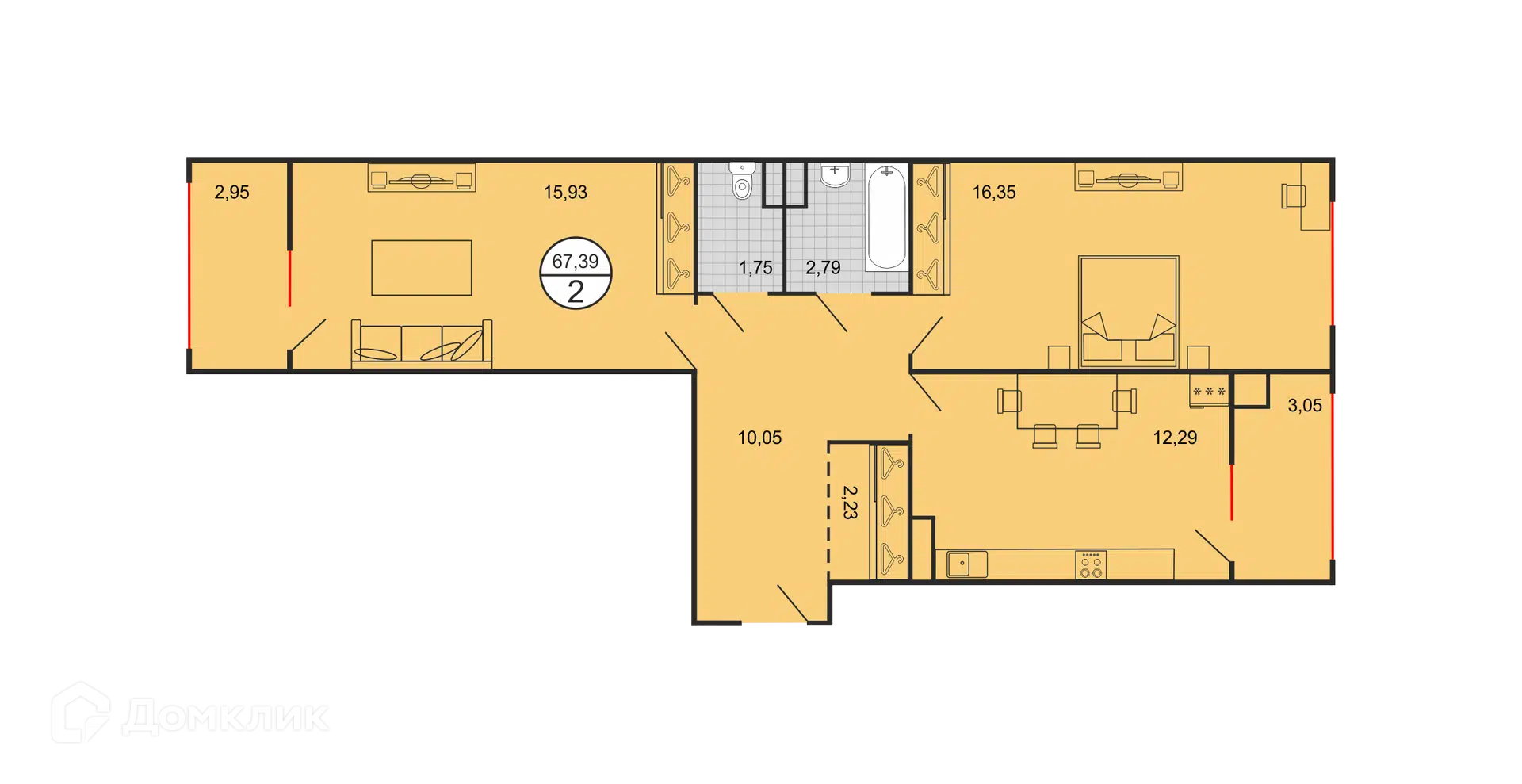 Планировка: 2-комн. квартира 67.35 м² в новостройке Дыхание