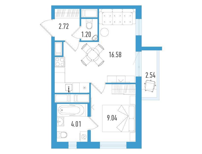 Планировка: 1-комн. квартира 34.31 м² в новостройке ЖК Южный форт