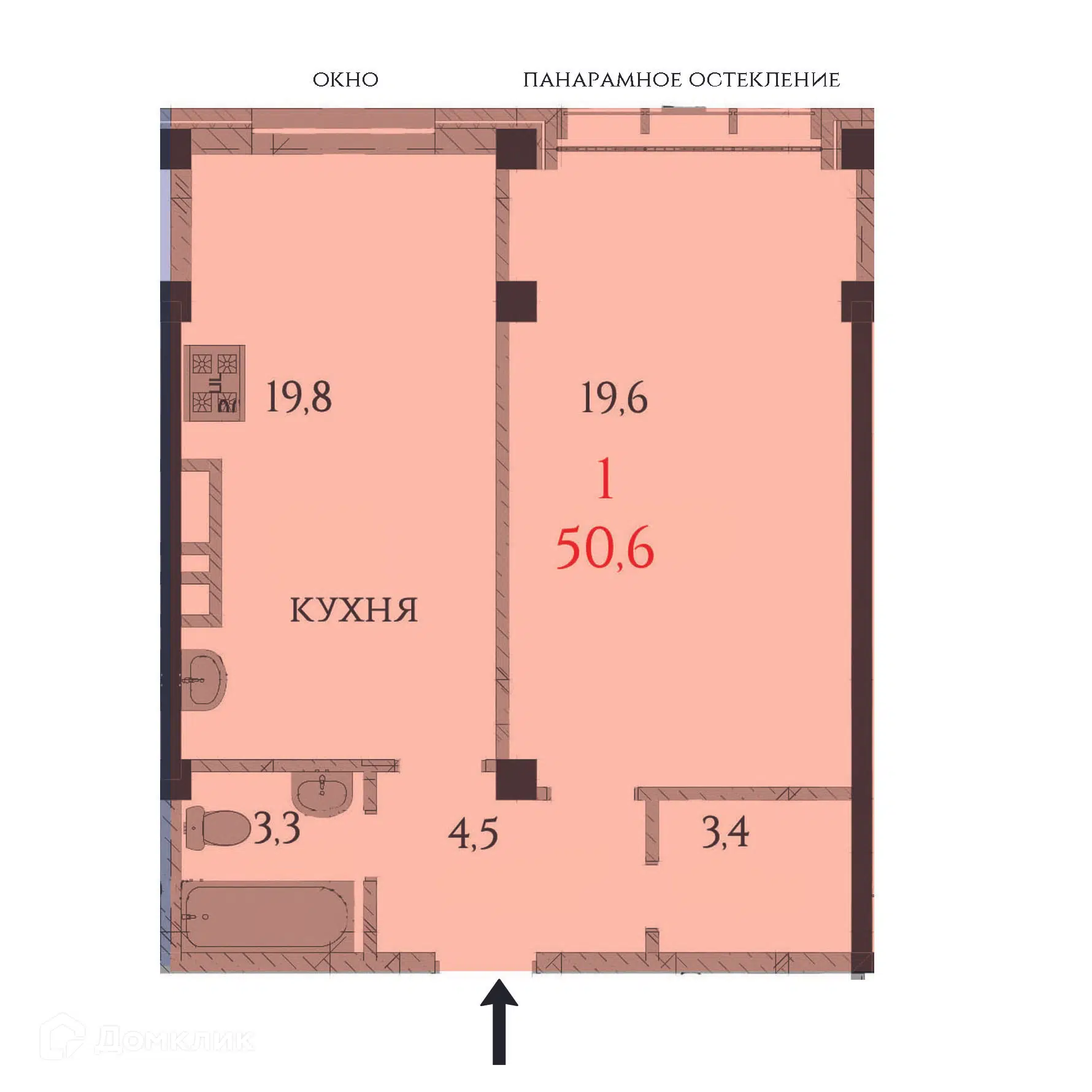 Планировка: 1-комн. квартира 50.60 м² в новостройке Первый Речной
