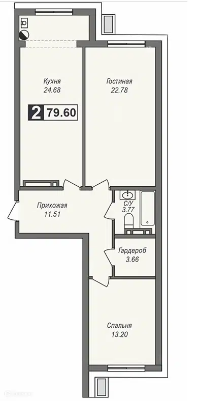 Планировка: 2-комн. квартира 79.60 м² в новостройке Мельница