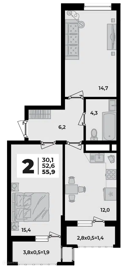 Планировка: 2-комн. квартира 55.90 м² в новостройке Родной дом 5