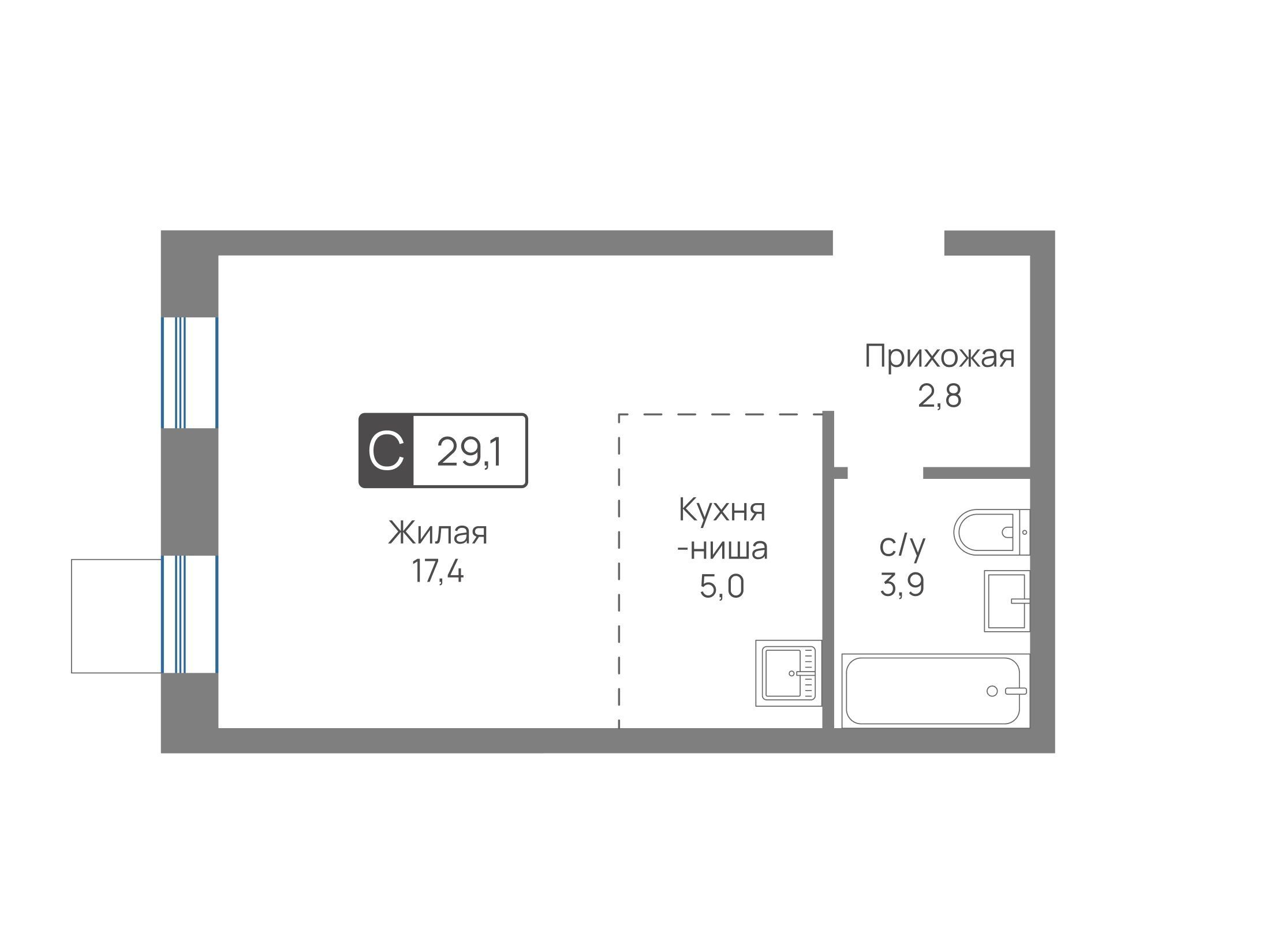 Планировка: Студия 29.10 м² в новостройке Отрада
