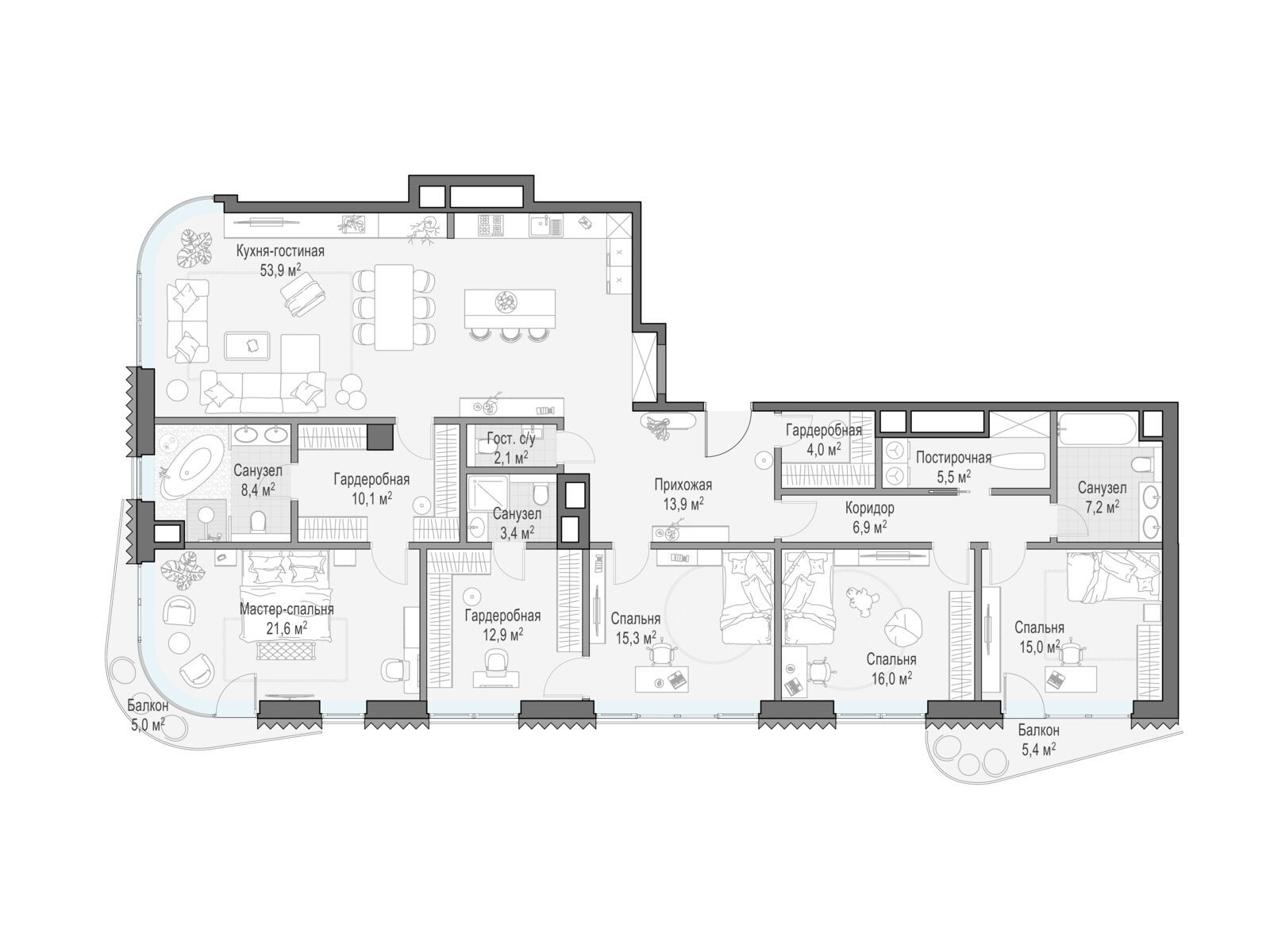 Планировка: 4-комн. квартира 205.00 м² в новостройке Дом Лаврушинский