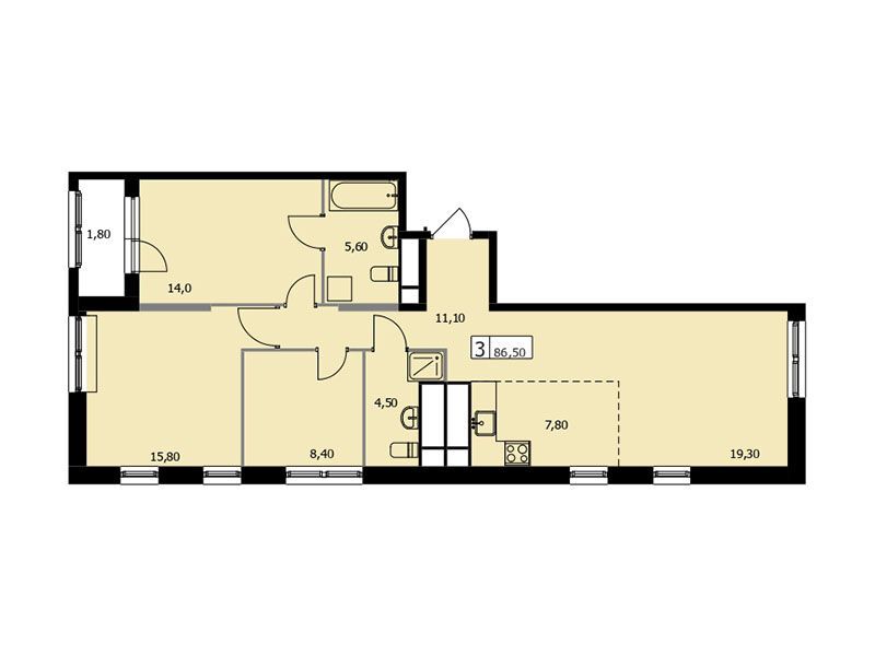 Планировка: 3-комн. квартира 86.50 м² в новостройке Парковый квартал Селф