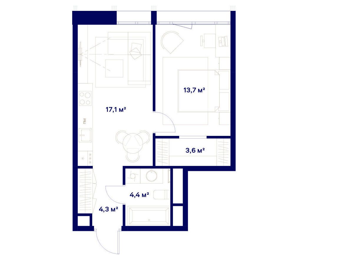 Планировка: 1-комн. квартира 43.10 м² в новостройке Квартал здоровой жизни Союз