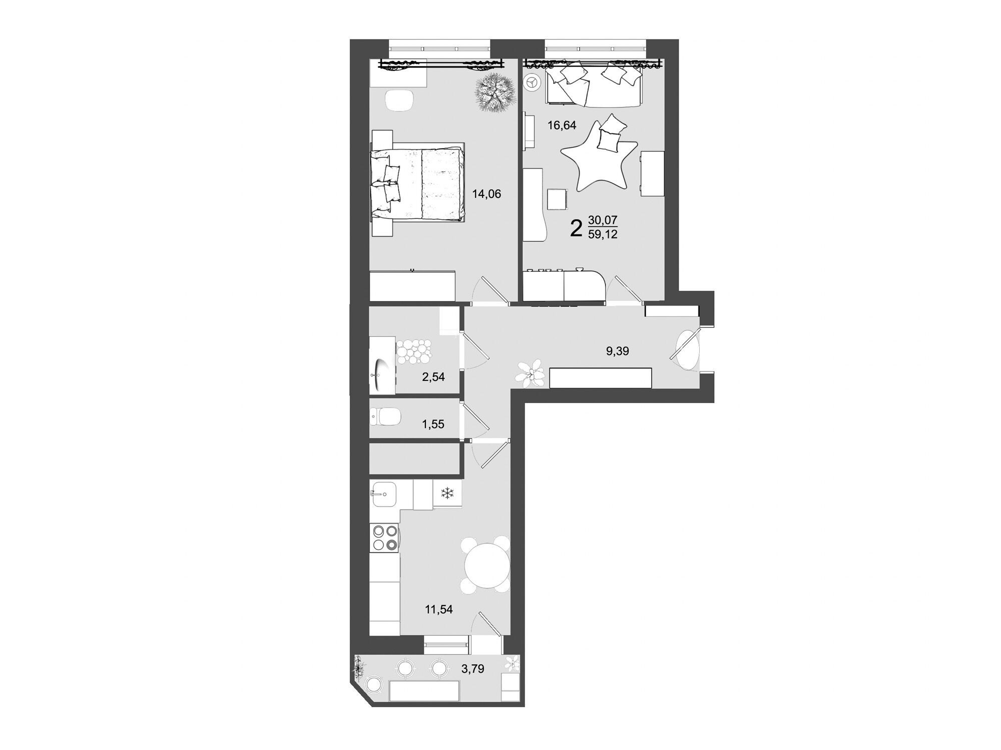 Планировка: 2-комн. квартира 59.12 м² в новостройке Майданово Парк