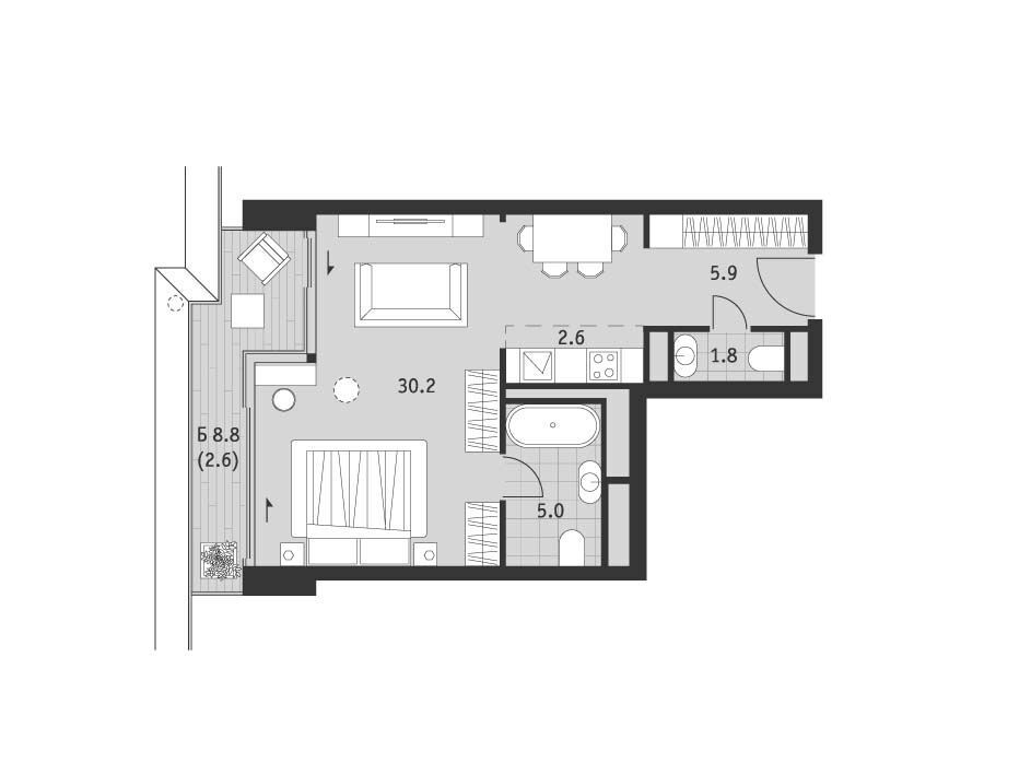 Планировка: 1-комн. квартира 48.10 м² в новостройке ЖК Бадаевский