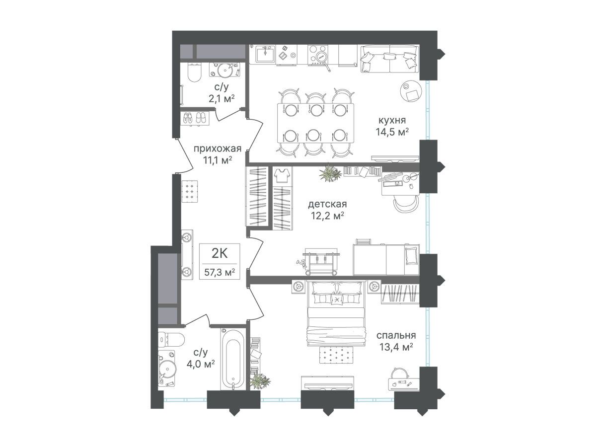Планировка: 2-комн. квартира 57.00 м² в новостройке Варшавские ворота