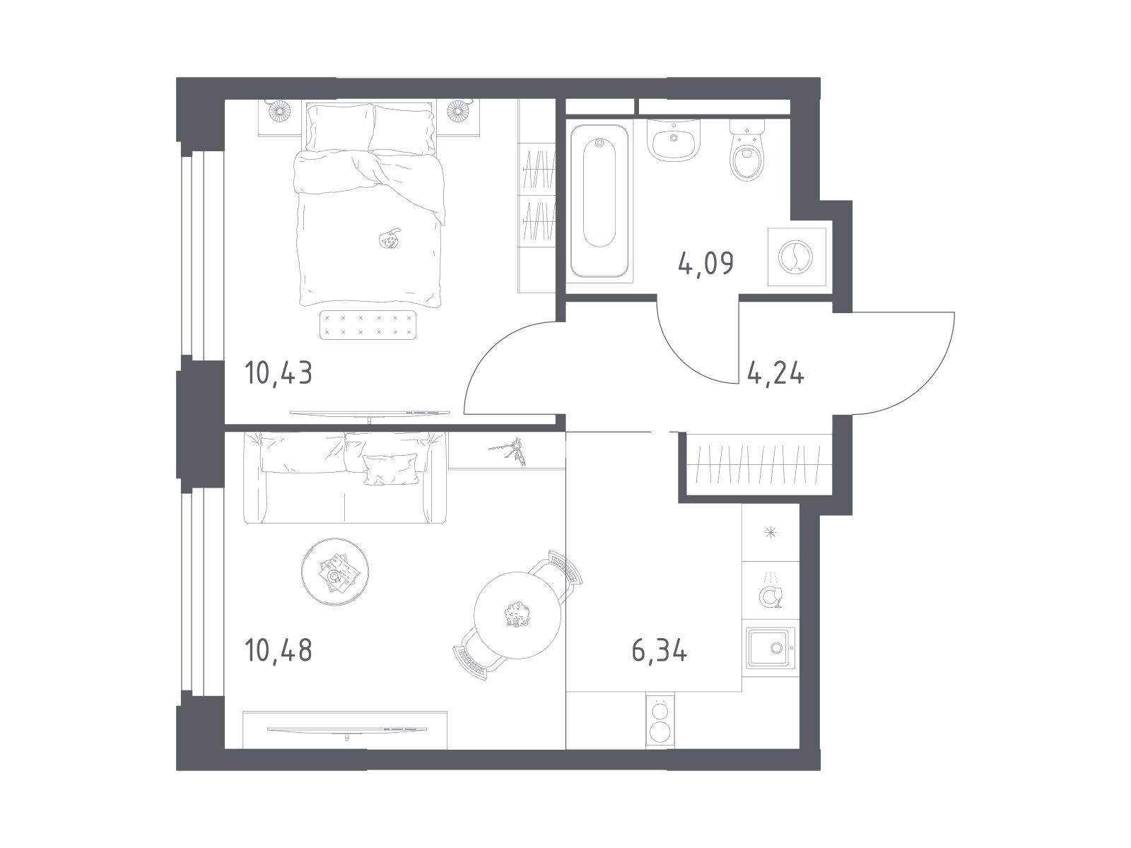 Планировка: 1-комн. квартира 35.58 м² в новостройке Космический квартал