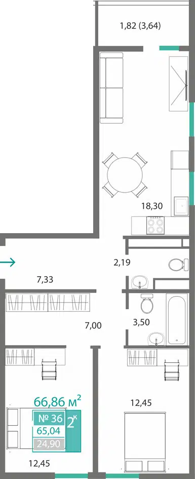 Планировка: 2-комн. квартира 65.04 м² в новостройке Горизонты