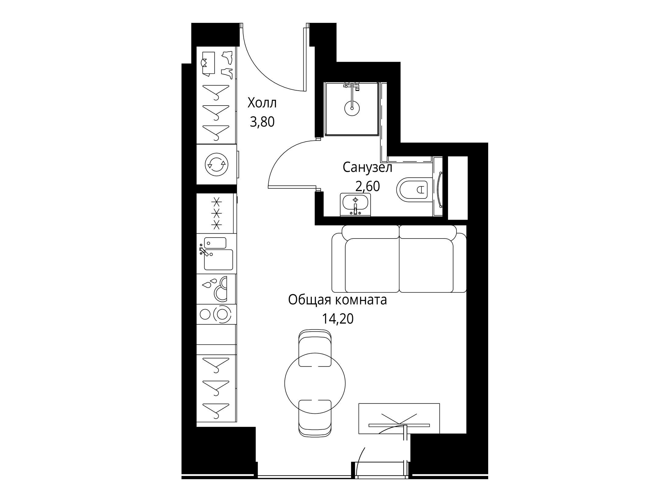 Планировка: Студия 20.60 м² в новостройке Веер