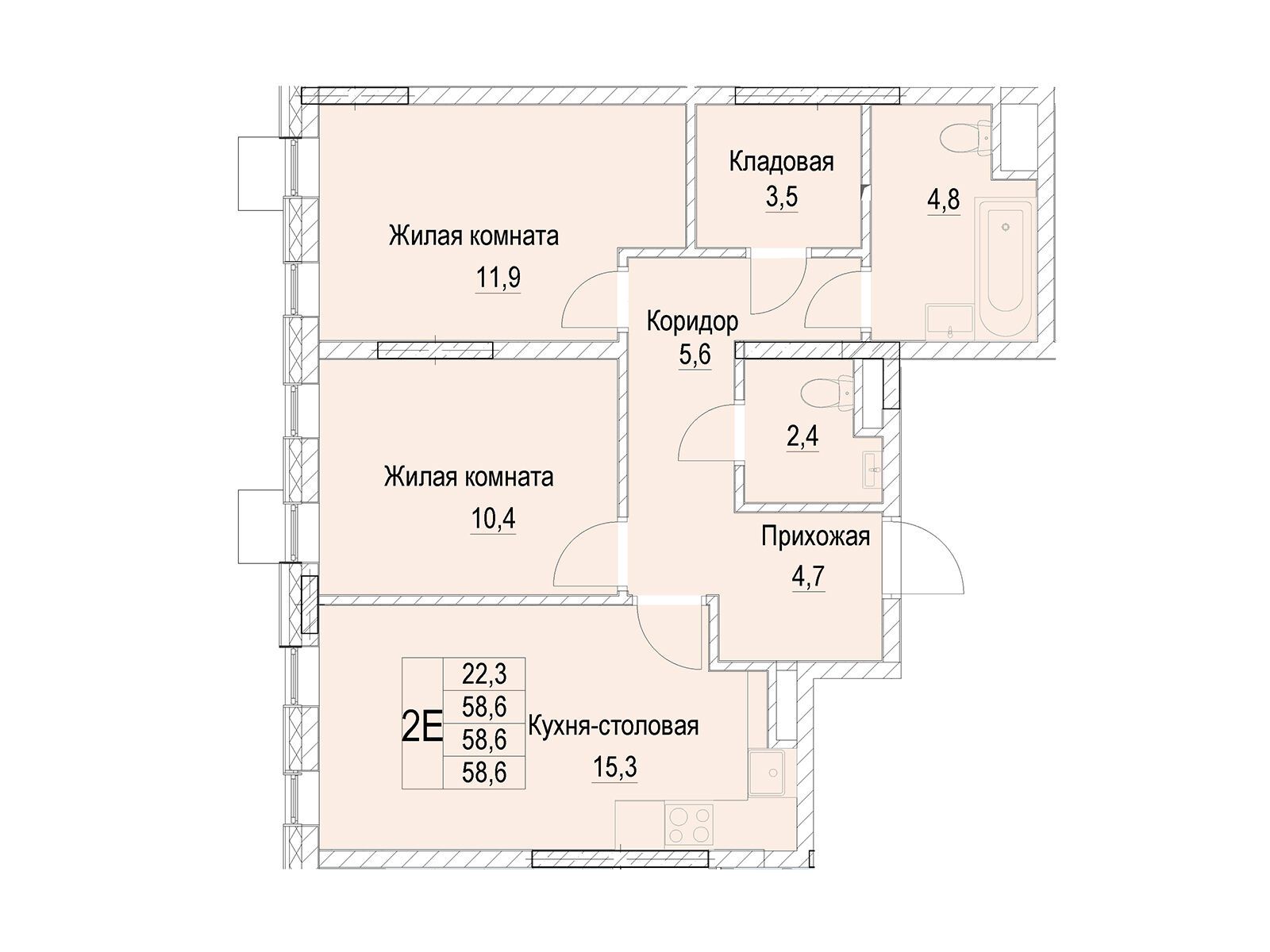 Планировка: 2-комн. квартира 58.60 м² в новостройке Отрадный